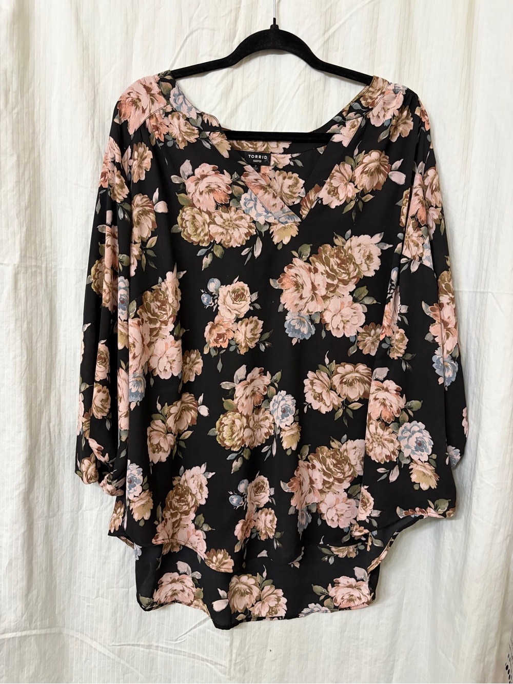 torrid Black Floral V-Neck Tunic with Pink and Cream Blooms